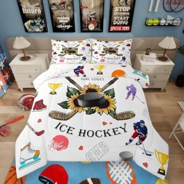 Imagem de Conjunto de edredom de hóquei no gelo, para adolescentes, meninos, americanos, bola esportiva, para meninas, girassol, disco de hóquei, jogos esportivos europeus, bolas e colchas