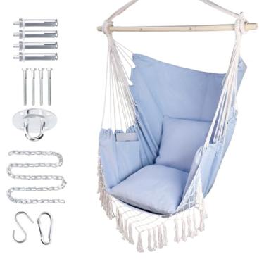 Imagem de PIRNY Cadeira de rede para pendurar com corda giratória, máx. 226 kg, cadeira grande para pendurar com bolso, 2 almofadas, barra de aço com anéis antiderrapantes, kit de ferragens incluído