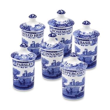 Imagem de Spode Blue Italian Collection frascos de especiarias, conjunto de 6, 10 cm, feito de cerâmica, decoração de cozinha bonita e funcional, recipiente de armazenamento, lavável na lava-louças