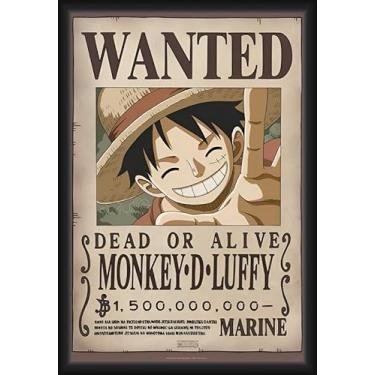 Imagem de BUY ART FOR LESS Pôster de arte emoldurado One Piece - Wanted Monkey D. Luffy - 61 x 91 cm - Moldura de madeira projetada resistente com vidro plexi - Pronto para pendurar