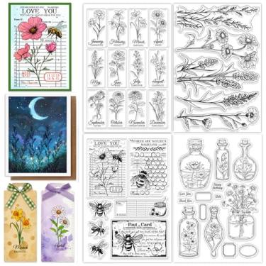 Imagem de CHGCRAFT 4 folhas, 4 estilos, flores, carimbos, transparentes, garrafas de vidro, selos transparentes de silicone para decoração de álbum de fotos, 11 x 6,7 cm