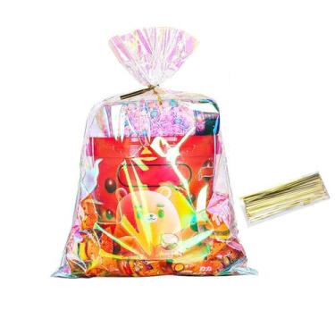 Imagem de 100 sacos de guloseimas iridescentes de celofane, 15 x 25 cm, sacos de guloseimas de plástico holográfico com laços torcidos para lembrancinhas de festa, doces, biscoitos, lanches, pequenos presentes.