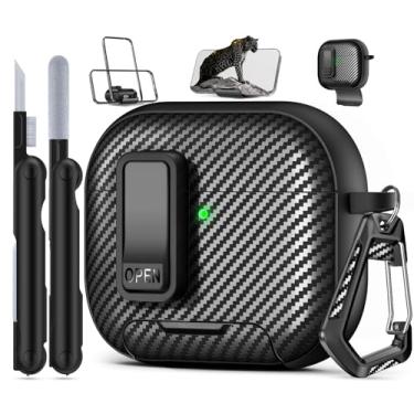 Imagem de Compatível com AirPods 4ª capa com suporte de telefone, (com clipe de bloqueio), capa de proteção de design de fibra de carbono para Airpods 4 com carregamento de cancelamento de ruído ativo (2024