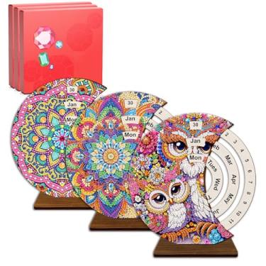 Imagem de CharySim Kits de calendário perpétuo de madeira com diamante 3D para adultos, acessórios de pintura, ferramentas de pedras preciosas, pintura de pontos crystral para suporte de mesa doméstico (Mandala