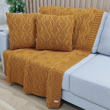 Imagem de Kit Manta Tricot Luxo 150x120cm + 2 Almofadas com Enchimento | Zíper Invisível | Fibra Siliconada | Sofá Sala | Xale Decorativo Elegante G05 (Dourado Linhaça)