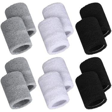 Imagem de 12 pulseiras esportivas esportivas absorventes de pulso para crianças, mulheres e homens, faixa de suor para tênis, basquete, futebol, corrida, ginástica, golfe, malhar (preto, branco, cinza)