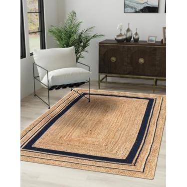 Imagem de Tapete de área de juta trançado à mão, fibras naturais, tecido à mão, estilo boêmio, tapete ruva para cozinha, sala de jantar, área de estar, tapete durável ecológico, cor - linha azul marinho natural