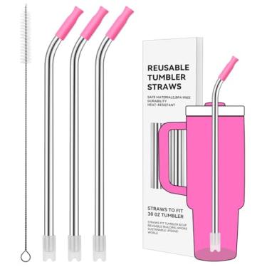 Imagem de Prurex Canudos reutilizáveis de aço inoxidável com ponta de silicone para Stanley 850 g, canudos de metal para copo de 850 g, 3 tubos dobrados e 6 pontas e 1 escova Cleanr (violeta vívido)