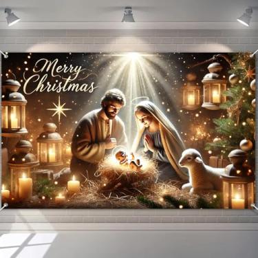 Imagem de BlissYard Faixa de Feliz Natal 188 x 109 cm Cenário de Presépio Sagrada Família Manger Lanternas de Cordeiro Estrela de Belém Decorações de Feriado Grande Tecido Poliéster Arte de Parede para