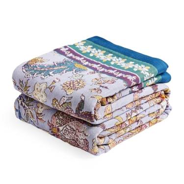 Imagem de VANJOROY Cobertor Boho 231 cm x 248 cm, 100% algodão orgânico, respirável, ultramacio, colcha roxa – Cobertor floral luxuoso para decoração de casa de fazenda para sofá e presente.