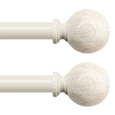 Imagem de Varões de cortina de madeira branca para janelas: varão de cortina de madeira rústica boêmio rústico para sala de estar quarto, varões decorativos ajustáveis para cortinas brancas antigas de grão de