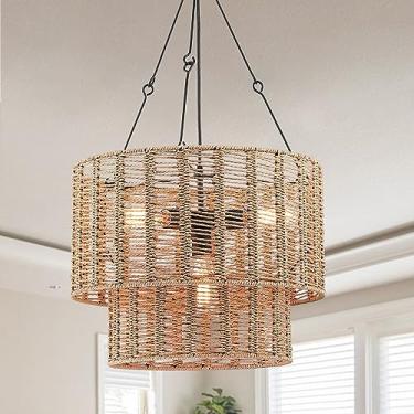 Imagem de Hermasgi Luzes pendentes de vime de 4 luzes, luminárias boho, lustre de tambor de fazenda com persianas naturais de vime de 2 camadas, lâmpada suspensa de teto ajustável para cozinha, ilha, quarto