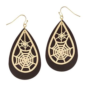 Imagem de Rosemarie & Jubalee Feminino Frightful Fun Polido Dourado Teias de Aranha em Couro Vegano Preto Pingentes Brincos de Dia das Bruxas 7,6 cm