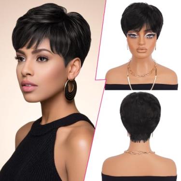Imagem de PEACOCO Pixie Cut Perucas de cabelo humano curto para mulheres negras peruca Pixie lisa natural sem cola com franja perucas curtas virgens em camadas para mulheres 1B