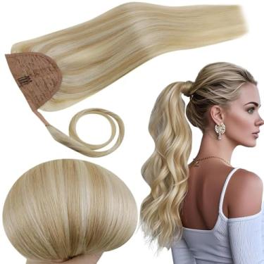 Imagem de RUNATURE Extensão de rabo de cavalo cabelo humano loiro, rabo de cavalo de cabelo humano real, extensões de cabelo rabo de cavalo Remy cabelo liso 45,7 cm 80 g #18P613 loiro acinzentado realce loiro