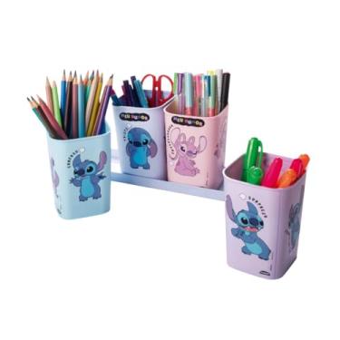 Imagem de Kit 5 Peças Porta Canetas/Lápis/Objetos com Bandeja Plasútil Organizador de Mesa Escolar Infantil (Stitch)