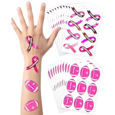 Imagem de 170 peças de tatuagens de futebol de fita rosa, 20 folhas, tatuagens temáticas de conscientização do câncer de mama, adesivos de decoração de festa para crianças e adultos