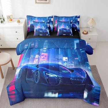 Imagem de Feelyou Jogo de cama Queen com carro esportivo azul de corrida urbano, 7 peças, para adultos, crianças, adolescentes, velozes e furiosos, conjunto de cama de carro de luxo