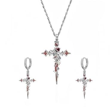 Imagem de IQIC Conjunto de colar de brincos de espada de cruz gótica para mulheres preto prata declaração rosa sangue espada cruz brincos gargantilha estilo escuro joia gótica presente, Large, Cobre, Sem Pedra