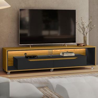 Imagem de Rack para TV Até 65 Polegadas Loop 2 Gavetas com Vidro e Led Cedro/Preto - Olivar Móveis