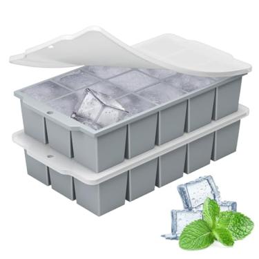 Imagem de MEIJO Bandeja de silicone para cubos de gelo com tampas, 15 bandejas quadradas flexíveis de liberação fácil para freezer, molde de cubo de gelo empilhável e reutilizável para uísque, coquetéis, comida