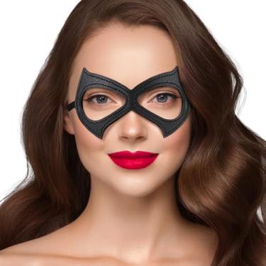 Imagem de MSZWTDZX Máscara olho de gato preto – máscara de couro para mulheres, acessórios de fantasia de cosplay de Halloween, baile de máscaras, adereços de festa temática (1 peça)