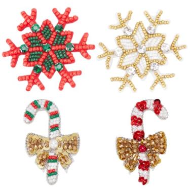 Imagem de BEUNITONE 4 peças de adesivos de contas de Natal costurados em elementos natalinos de cristal com apliques de contas remendos feitos à mão de floco de neve para roupas faça você mesmo, calças vestidas