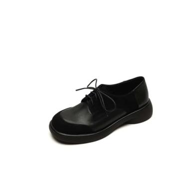 Imagem de TinaCus Sapato casual feminino Oxford feito à mão com patchwork com cadarço e salto grosso, Preto, 37