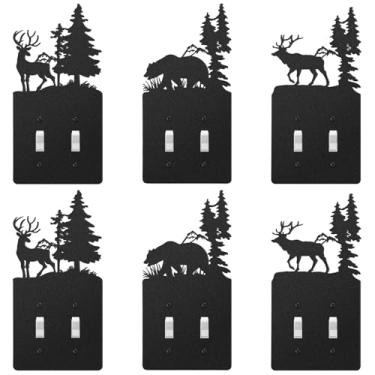 Imagem de Lothee 6 peças placa de cobertura de interruptor de luz de urso de metal alce árvore montanha alce floresta placa de tomada de saída de parede para casa (interruptor quádruplo)