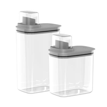 Imagem de Kit 2 Dispenser Porta Sabão Líquido em Pó Multiuso Com Bico e Tampa Dosadora 1,5L + 2,3L Lavanderia - Amaciante Alvejante Flow Ou