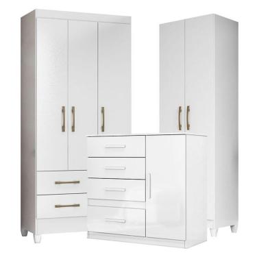 Imagem de Guarda Roupa Infantil Lima Com Cômoda Vênus E Armário Multiuso New íris Branco Brilho – Moval