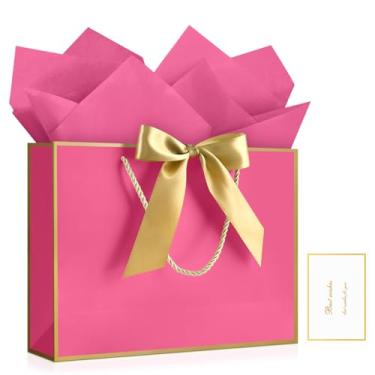 Imagem de JMANNI 1 bolsa de presente grande com fita e 1 cartão de felicitações, 2 papéis de seda, bolsa de presente de papel portátil com alças, sacos de presente de aniversário para festa de casamento, dia