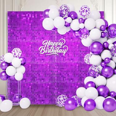 Imagem de 36 peças de fundo de parede roxo brilhante, painel de fundo de foto de lantejoulas quadradas, fundo de parede com glitter para aniversários, casamentos, Halloween, noivados, decoração de festa de