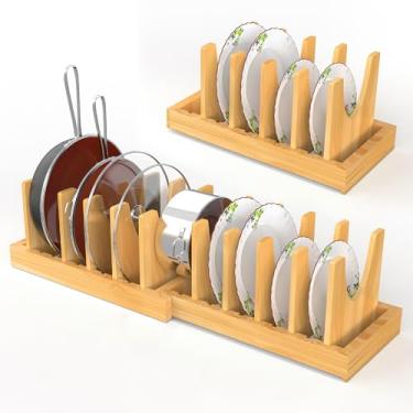 Imagem de Organizador expansível de bambu sob o armário, organizador de armário de cozinha 2 em 1 com 10 divisórias ajustáveis, base antiderrapante para suporte de tampas de panela, organizadores de tábua de