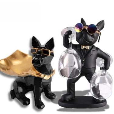 Imagem de Escultura Decorativa Enfeite Bulldog Cachorro Com Bandeja e Óculos Porta Taças Objeto Cofre Decoração(Kit 2 pçs (4095 + 3176))