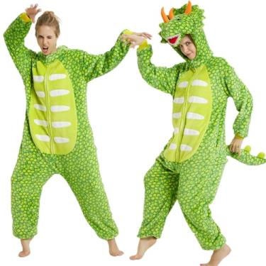 Imagem de Plustrong Fantasia de dinossauro adulto macacão feminino masculino peça única tricerátopo fantasia de Halloween, Verde claro, X-Large