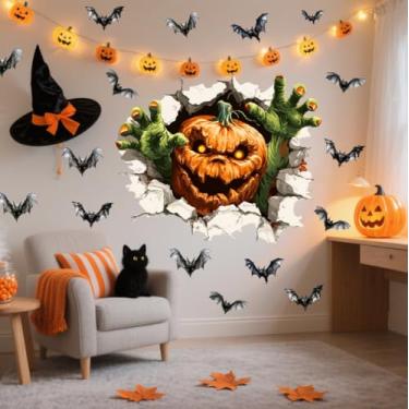 Imagem de OLMIXA Decalques de parede 3D de abóbora de Halloween, adesivos de parede de abóbora quebrando a parede, arte de parede de morcego de abóbora assustadora de vinil para decoração de porta de janela de