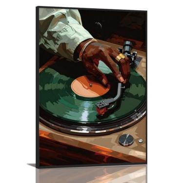 Imagem de KISSFOX Arte de parede emoldurada de moda afro-americana retrô disco de vinil arte em tela vintage homem negro DJ hip hop imagens de parede decoração de parede Hypebeast elegante bar impressões de
