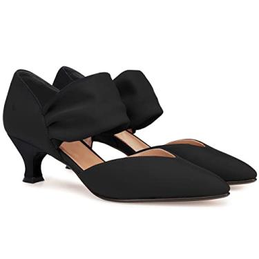 Imagem de Sapatos femininos de salto baixo gatinha bico fino slip on ankle strap recorte elegante festa casamento sapatos, Preto, 5.5