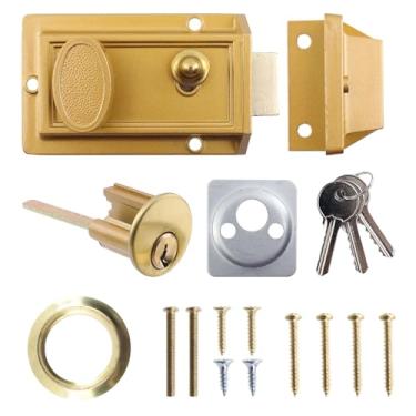 Imagem de Bitray Fechadura de aro de fechadura noturna, fechadura antifurto, fechadura antiga com chaves, chave de segurança de proteção pesada, trava noturna, trava de segurança de porta tradicional,