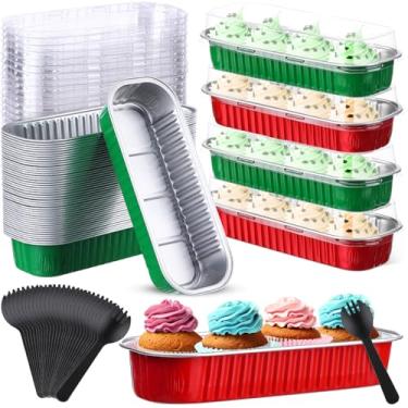 Imagem de Blushtier 180 conjuntos de mini formas de pão com tampas e colheres 193 g formas retangulares de folha de alumínio para assar e sobremesas (cor de Natal, estilo retangular)