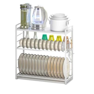 Imagem de WZYCLTT Organizador de bancada de cozinha, escorredor de pratos de aço inoxidável de 3 níveis com bandeja escorredor de pratos, economiza espaço, balcão de cozinha, suporte de utensílios de drenagem