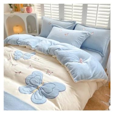 Imagem de Conjunto de cama quente de leite bordado borboleta compatível com moda de inverno conjunto de capa de edredom de dois lados quente com lençóis (azul AU EU King size 4 peças)