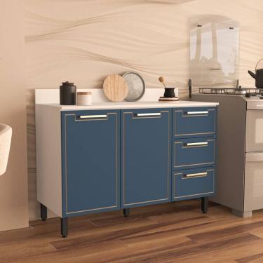 Imagem de Balcão de Cozinha 120cm 2 portas 3 gavetas Com Tampo Amara Branco Azul Politorno Móveis