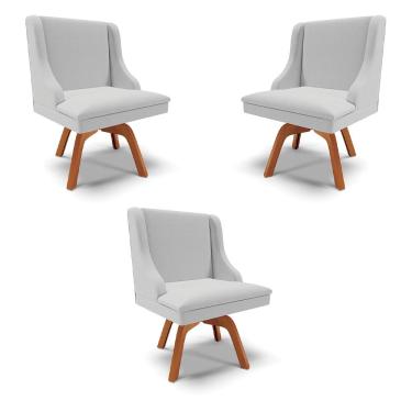 Imagem de Kit 3 Cadeiras Decorativas Sala de Jantar Base Giratória de Madeira Firenze Linho Cinza/Natural G19 - Gran Belo