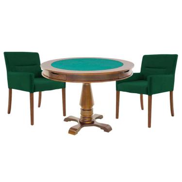 Imagem de Mesa de Jogos Carteado Victoria Redonda Tampo Reversível Amêndoa 2 Cadeiras Vicenza Verde - GranBelo
