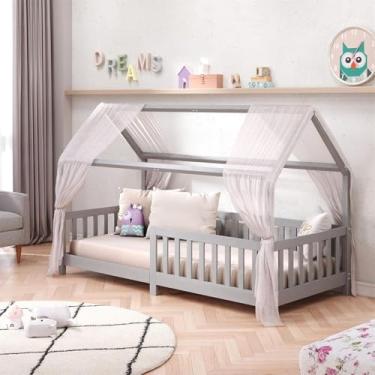 Imagem de IDIMEX Cama Infantil Montessoriana Casa Madeira Macica tamanho Solteiro com Estrado e Grade de Proteção cor Cinza Nina