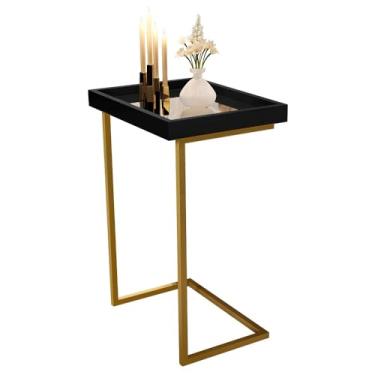 Imagem de Mesa Lateral Espelhada Apoio Sala Sofá com Pés de Ferro Decoração Resistente Elegante e Moderna(Preto - Dourado)
