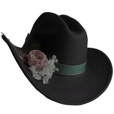Imagem de Chapéus vintage de aba larga, chapéu de feltro rígido, chapéu panamá ocidental, Outback, chapéu de caubói A, Preto, B, One Size-Medium