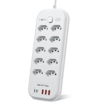 Imagem de Extensão Eletrica,Extensão Tomada,Régua Tomada,Filtro de Linha,3 Interfaces USB,2 Porta USB Tipo –C,Cabo de Alimentação de 2 metros,Potência de 2500W, Suporta a Tensão de 110-220V (10 TOMADAS)